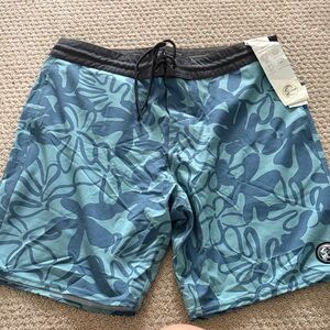 O'Neill Teal and Black Leaf Print Board Shorts